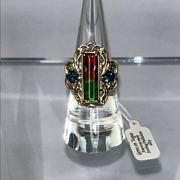 NWT Gems En Vogue Sterling Palladium 14K Accent Ammolite London Blue Topaz Ring - Picture 2 of 8